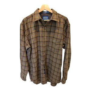 Vintage Pendleton Lodge Flannel Button Up Virgin Wool USA Shirt Large Tan Plaid